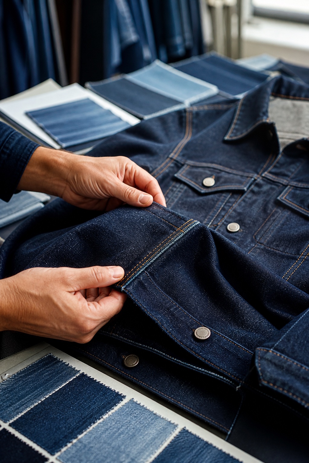 Hands examining indigo denim seams, stitching, hardware, and wash swatches