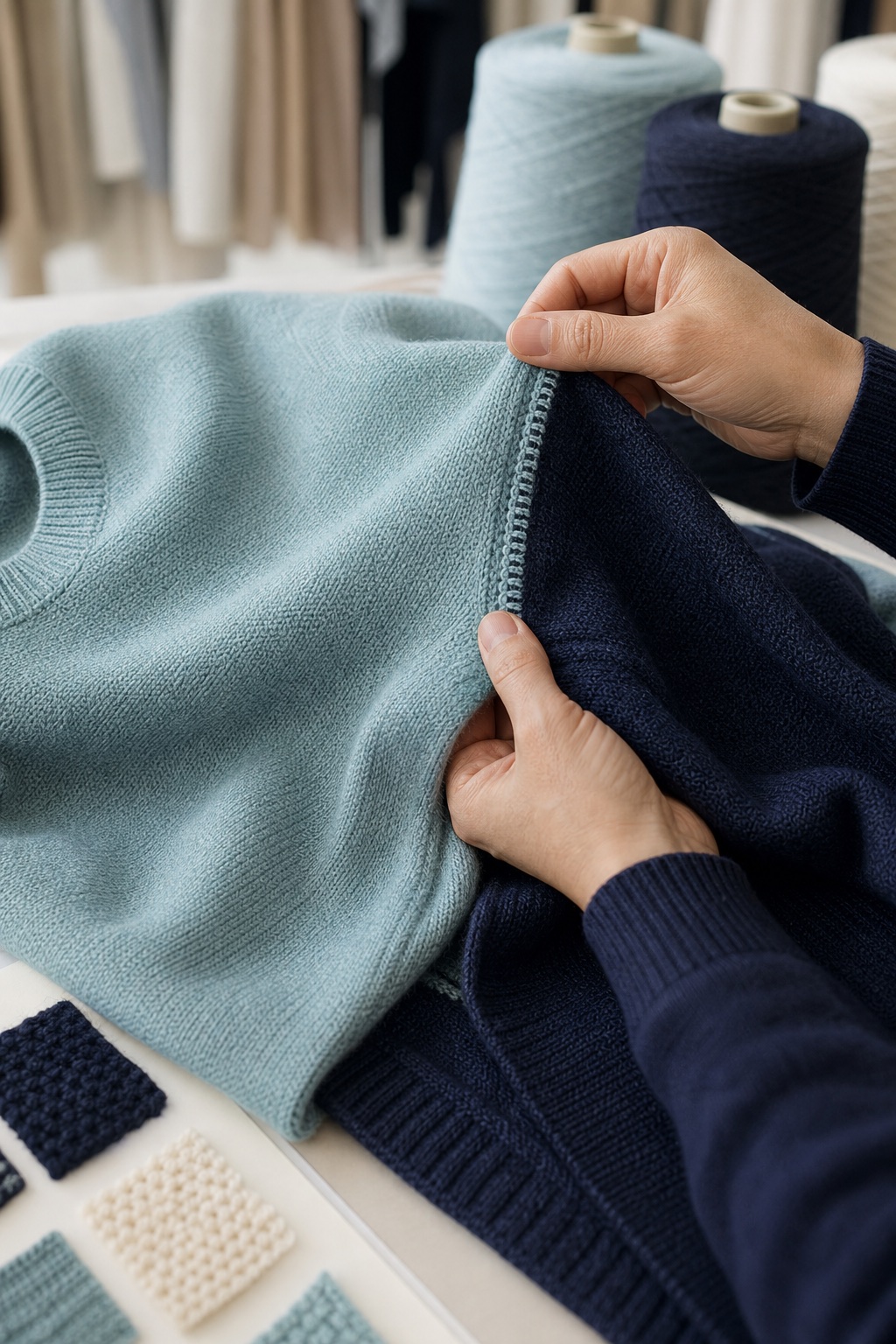 Hands inspecting pale aqua and navy sweater knit panels and linking detail